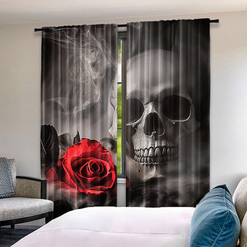 2Pcs Sugar Skull Adult Curtain For Lover Sweetheart Roses Curtains Halloween Curtain Suitable For Living Room Dining Room