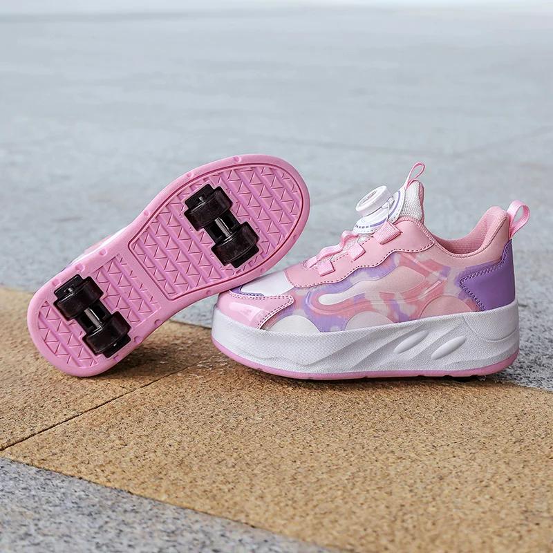 

Children Roller Skates Shoes Student Four-wheel Outdoor Detachable Sport Deformation Parkour Runaway Boy Girl Youth Gift 2024 40 розовый