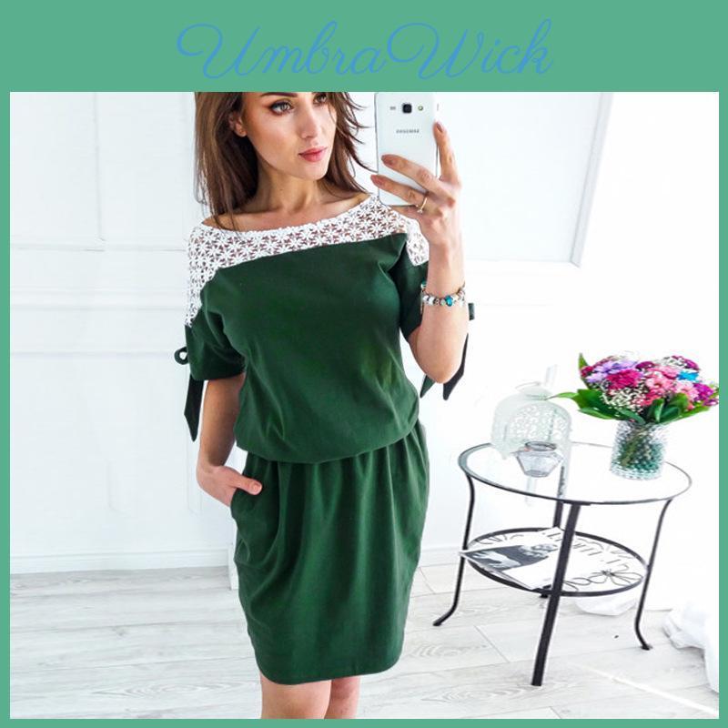 Elegant Women Vintage Dress Lace O-neck With Patchwork Hollow Out Short Sleeves