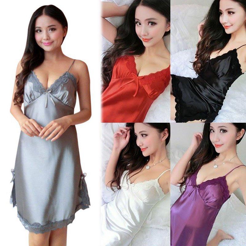 Sexy Lace Women Night Dress Nightwear Mini Deep V Straps Skirts Sleepwear Silk