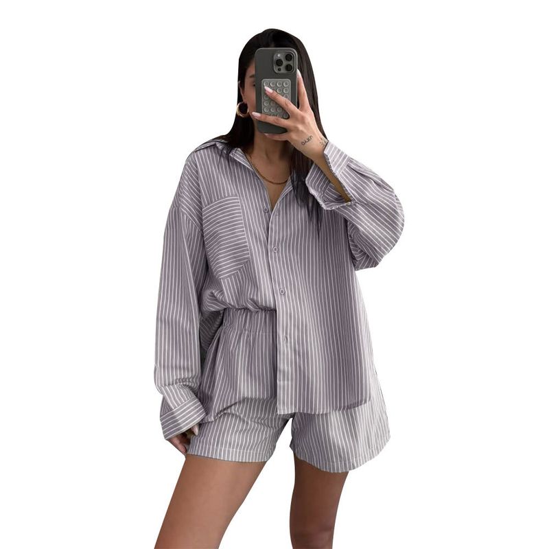 

Western Style Fashion Casual Loose Stripe Shirts Shorts Set Loose Shirt and Shorts Set Purple Gray XL