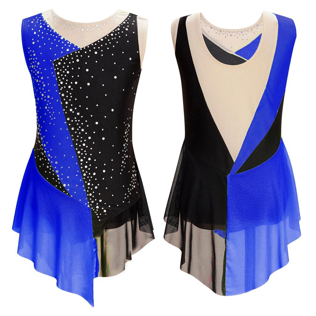 Kids Girls Sparkly Rhinestone Leotard Sheer Mesh Patchwork Sleeveless Dance Gymnastics Figure Skating Dress