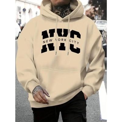 Moletom Masculino Estampa de Letras de Nova York Casual Pulôver com Cordão Bolso Confortável e Versátil Moletom de Manga Comprida Outono/inverno