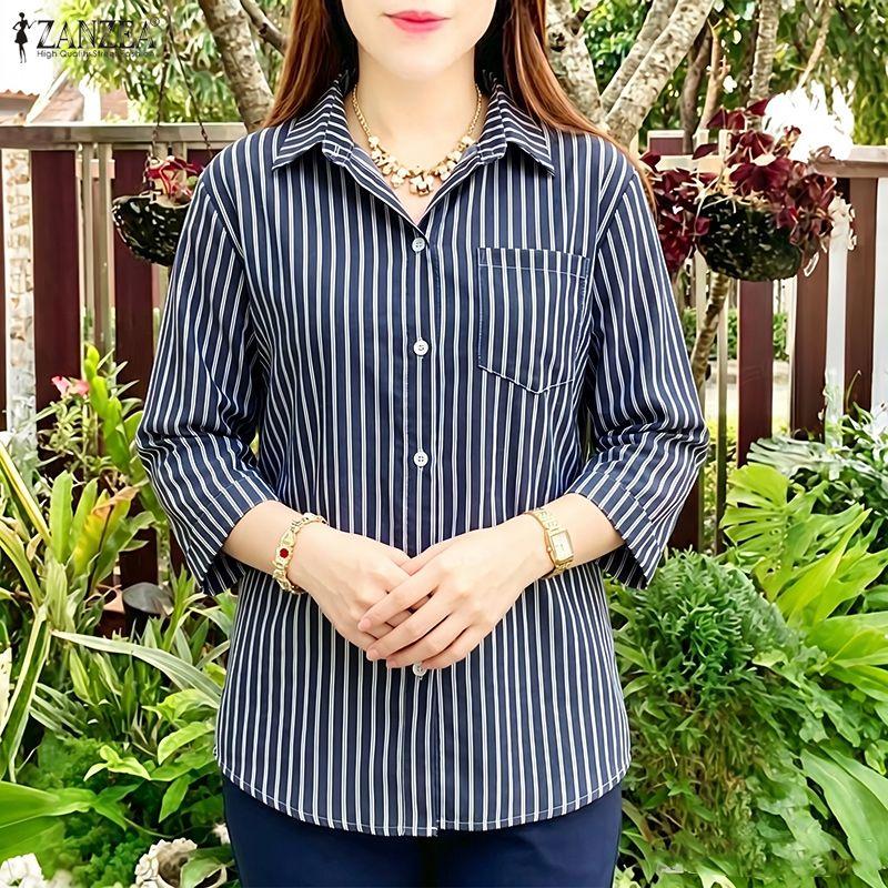 ZANZEA Women Casual Turn Down Collar Stripe Print Loose 3/4 Sleeve Blouse