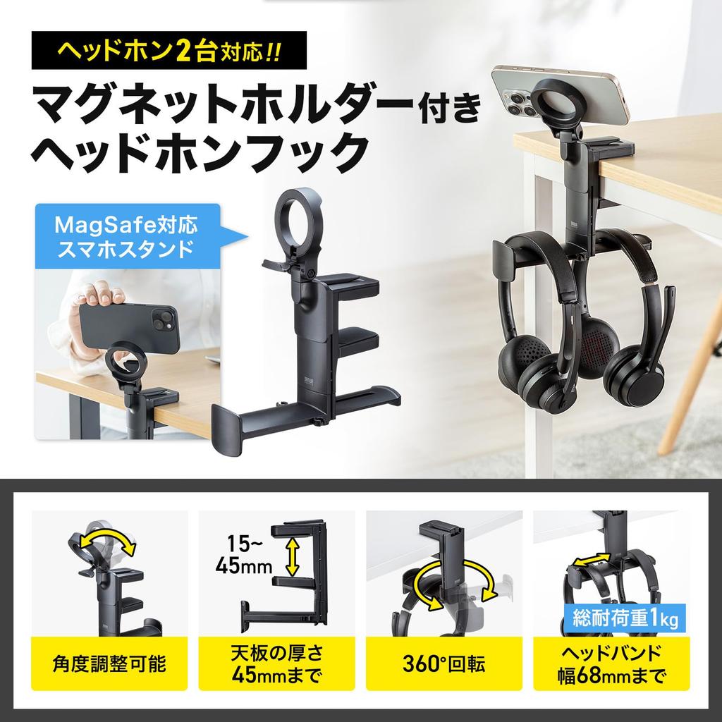 SANWA SUPPLY Headphone Hook with Magnetic Holder PDA-STN75BK