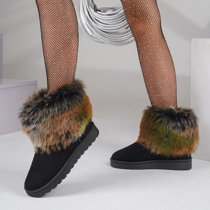 Mode Luxus Mix Farbe Flauschiges Fell Schneestiefel Damen 2025 Winter Schwarze Fellige Stiefeletten mit Plateau Markendesign Kunstfellschuhe 41