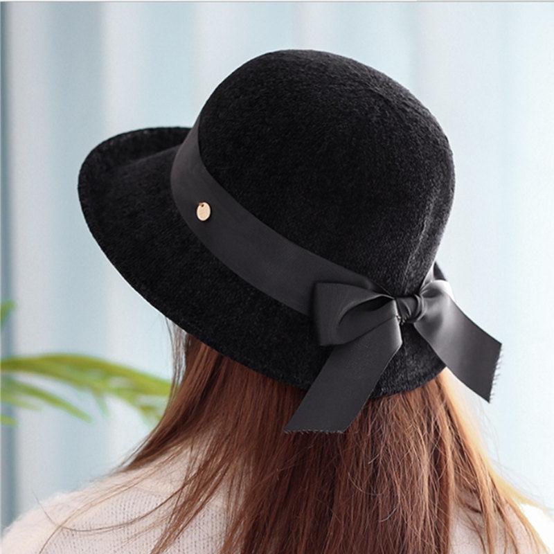 

Осенне-зимняя шапка из синели, британский цилиндр, вязаная шапка в рыбацком стиле, модная шапка с бантом для студенток One size