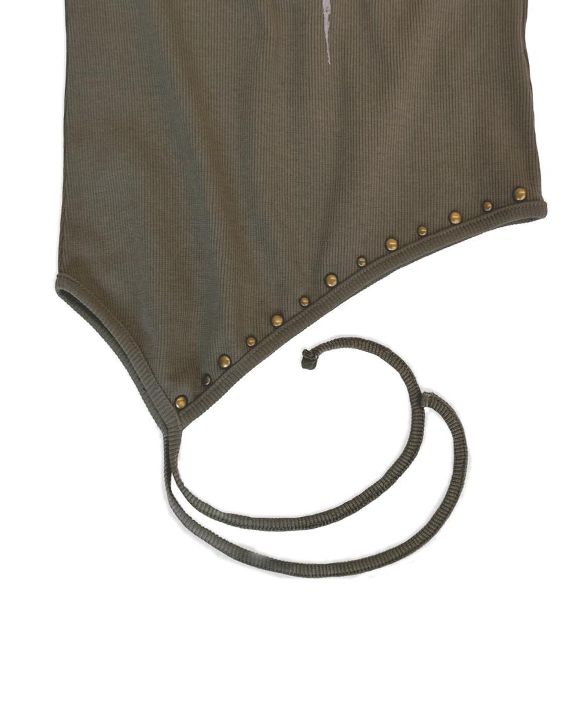 Eonyujeulaeb Vintage Studded String Sleeveless Top (Khaki)