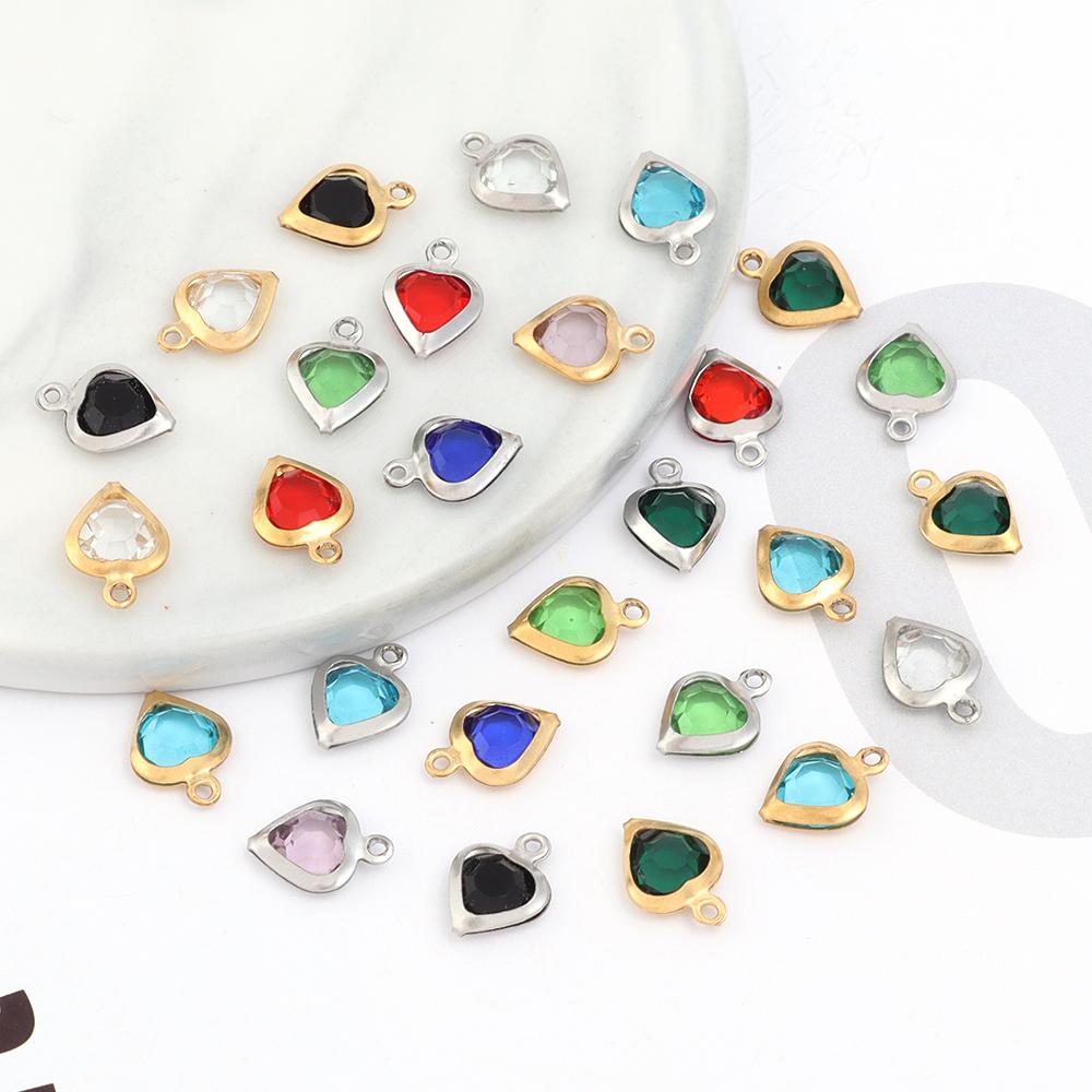 10pcs/lot Color Heart Crystal Charms Stainless Steel Edged Pendants for DIY Necklace Earring Bracelet Jewelry Making Accessories