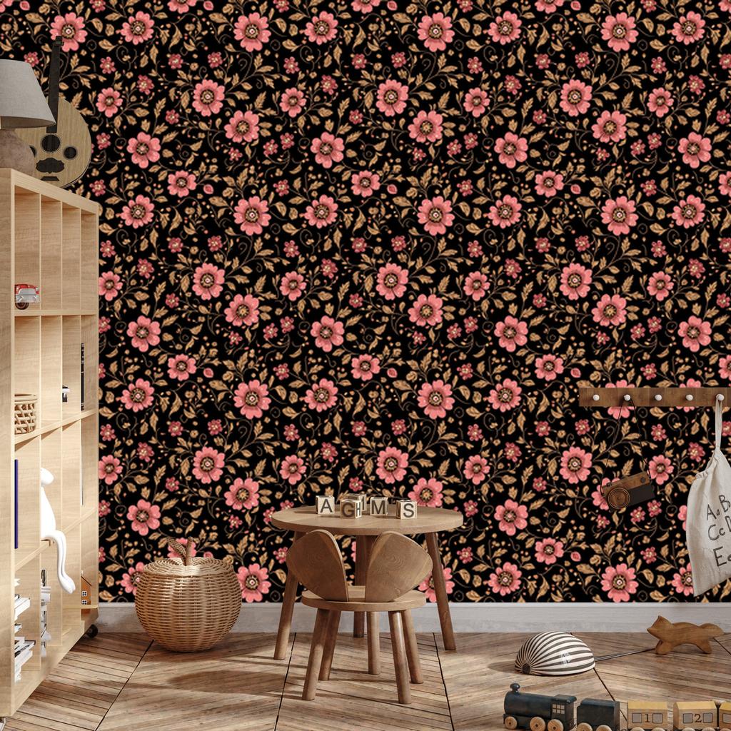 Wallpaper Beautiful Flowers Rust, Black, Red and Ochre 50x1000