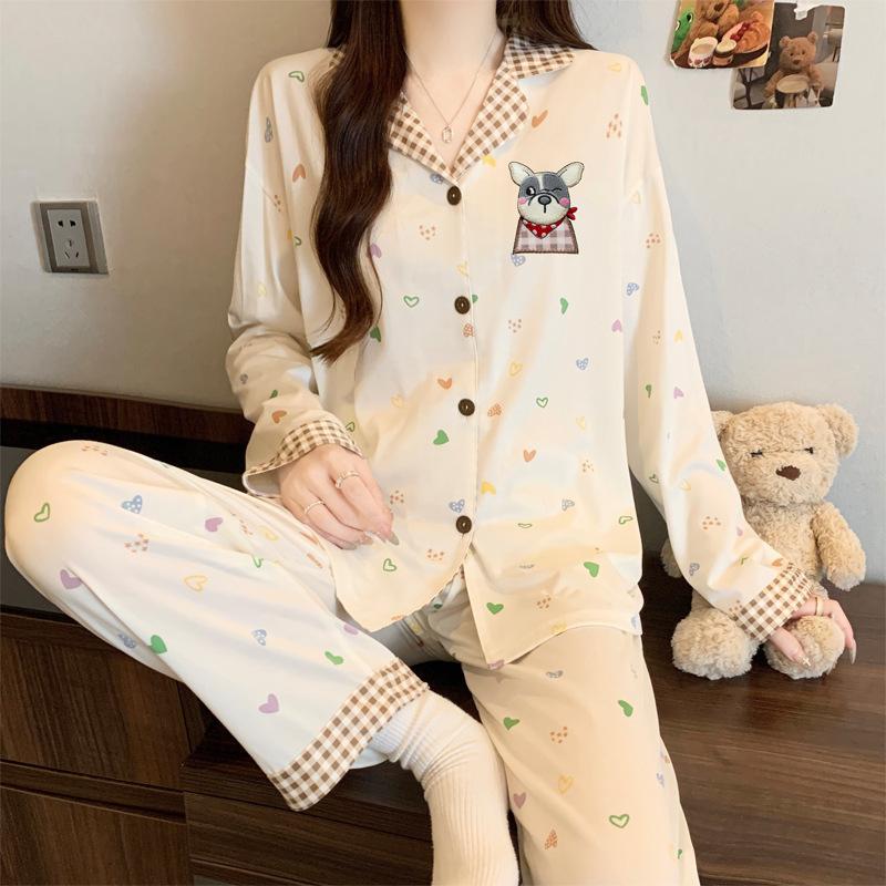Imitation cotton ins style bow pajamas women's spring new fashion lazy long-sleeved loungewear two-piece set