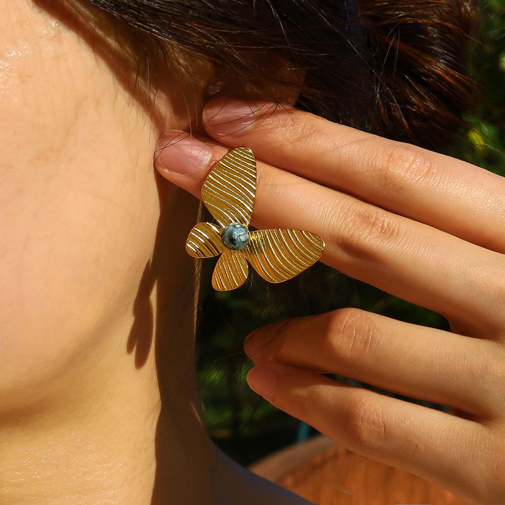 Retro African Turquoise Butterfly Earrings, 18K Gold-Plated Titanium Steel, Women's Fashion Jewelry