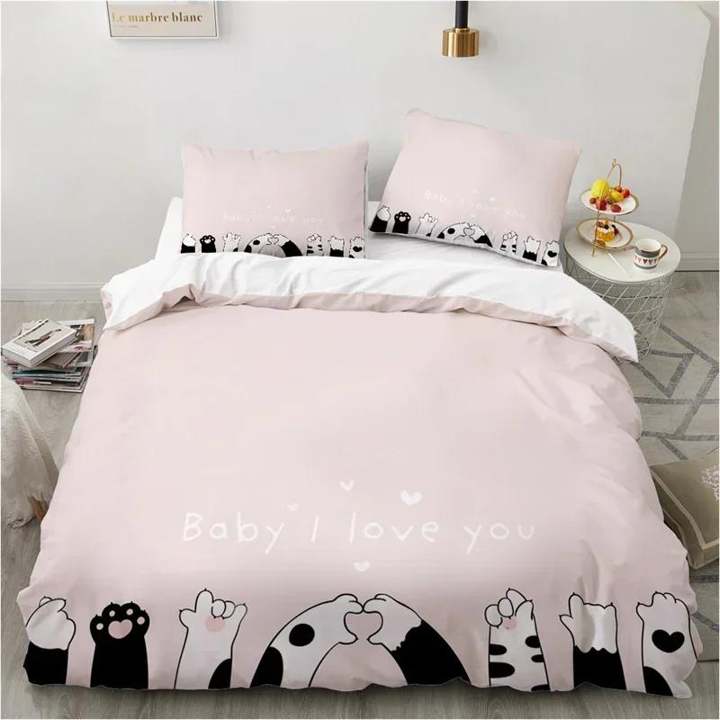 Cute Cartoon Animals Pink Toddler Funny Cat Comfortable Duvet Quilt Cover Pillowcase Bedding Set Bedroom Decoration Home Textile