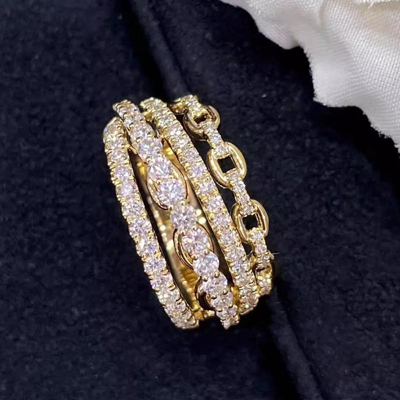 Fashion Multi Layered Design Ring Female Luxury Gold Color Wide Finger Jewelry with Bright Zirconia Chain Accessories
