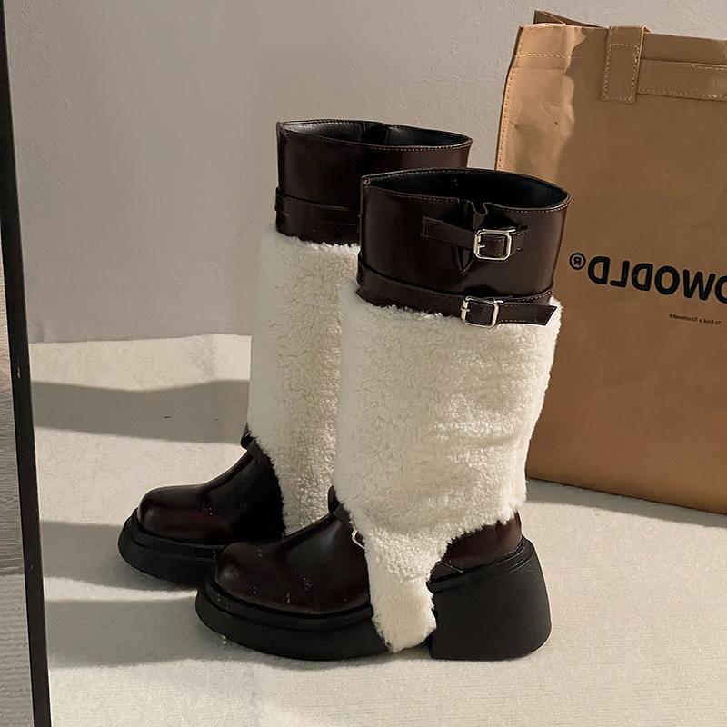 

2024 autumn new square heel belt buckle splicing velvet belt buckle knight boots women s sleeve can be worn in autumn and winter 40 чорний