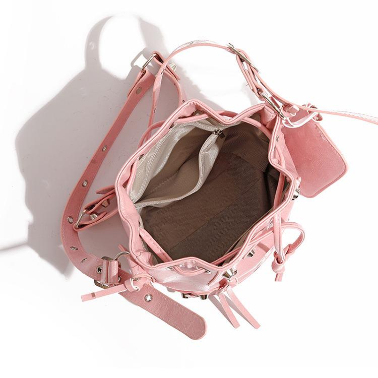 Women's Versatile Drawstring Studded Bucket Bag - High-End Casual Single Shoulder & Crossbody