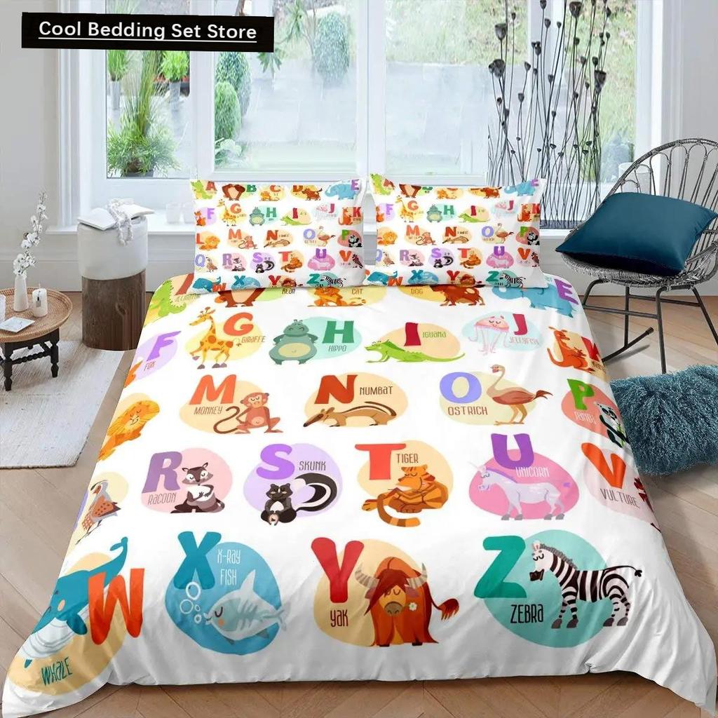 Comforter Cartoon Numbers King Queen Lovely Animals Bedding Set Kids Colorful English Alphabet 2/3Pcs Polyester