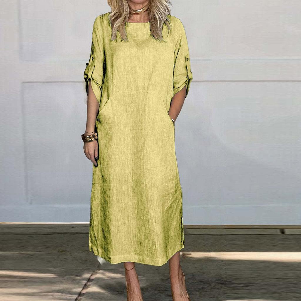 Women's Cotton And Linen Solid Color Casual Round Neck  Double Side Pockets 3/4 Sleeve Long Dress