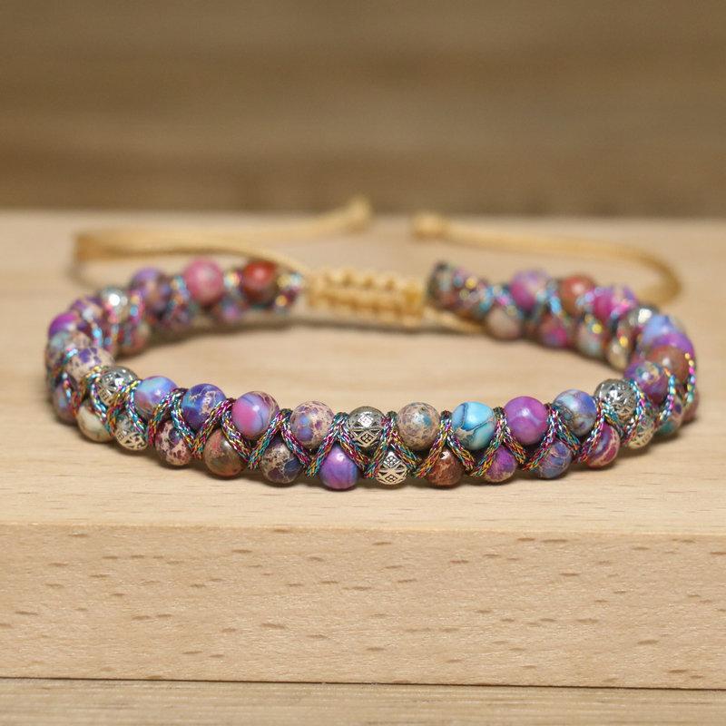 Purple Imperial Jasper Beaded Bracelet – Silver Accent Woven Boho Jewelry, Adjustable Colorful Healing Gift for Women