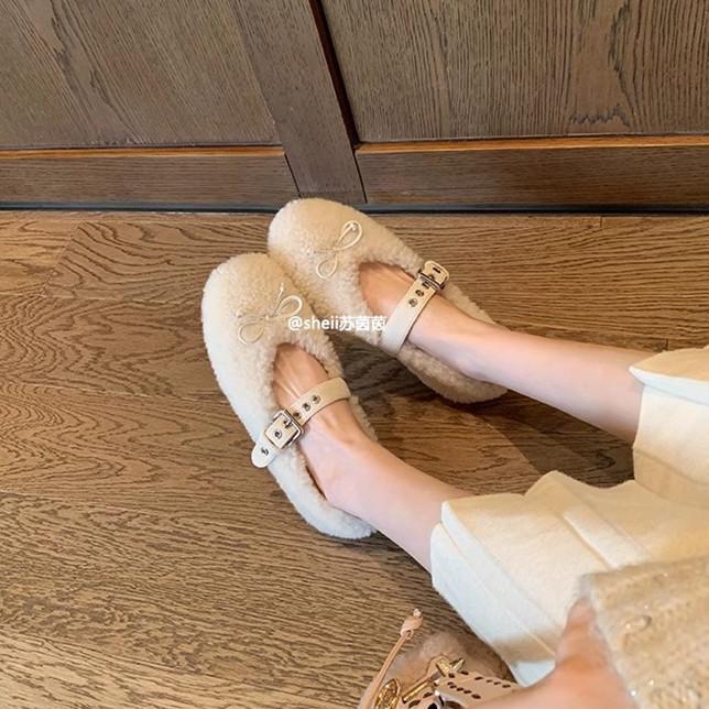 Traubenmutter gleiche miu Liebling~ Schleife flache Mary Janes Lammwolle einzelne Schuhe Damen Ballerinas