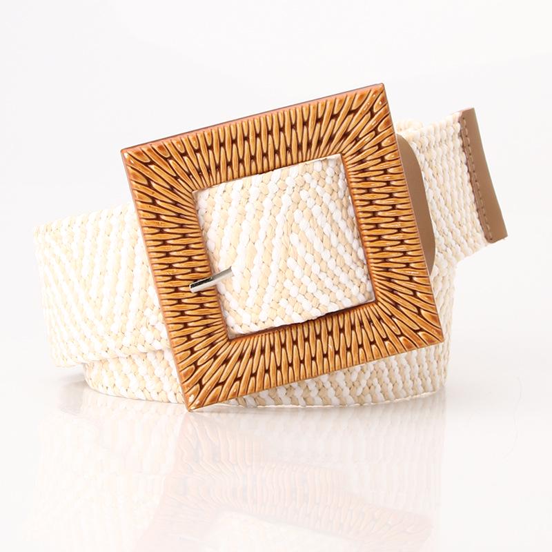 Women's Wide Round Buckle Elastic Belt - Cotton & Linen, Straw Style, Mori Girl Fashion.