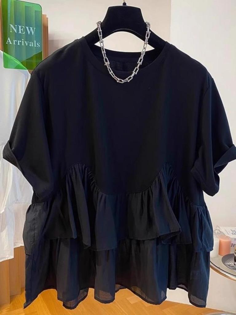 Women's Summer Loose Short Sleeve T-Shirt Patchwork Irregular Doll Collar Tops Oversize Casual Shirt for Women