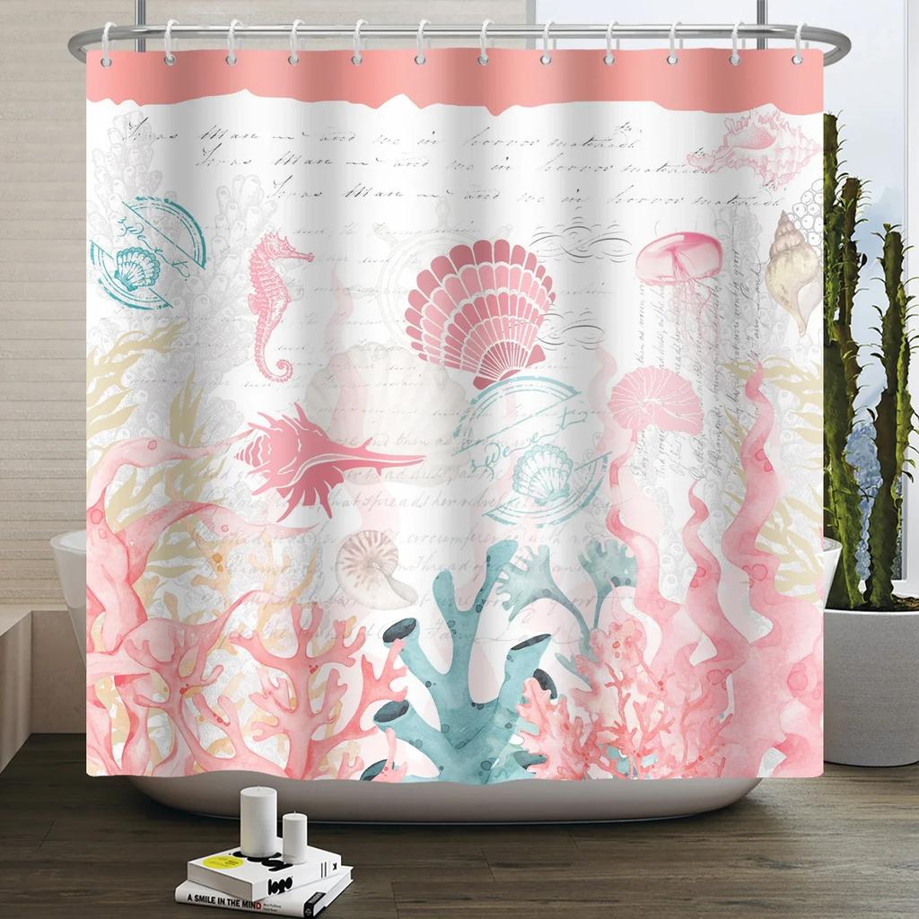 Nautical Coastal Shower Curtain Starfish Coral Seashell Beach Ocean Bathroom Curtain Underwater Marine Waterproof Bath Curtain