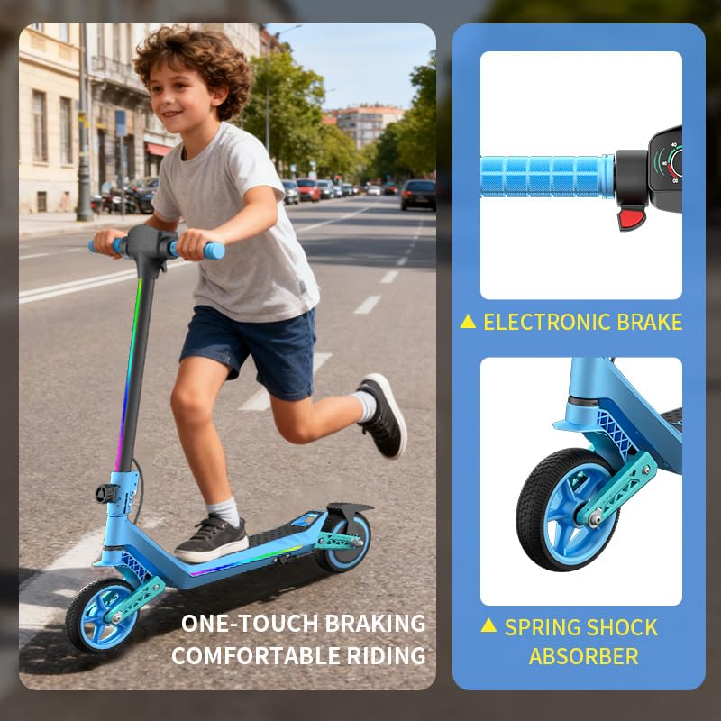 Electric Scooter (6-12Y) | 16km/h, 10km Range, Foldable | Dual Shock Absorbers & E-ABS | LED Display & Colorful Lights