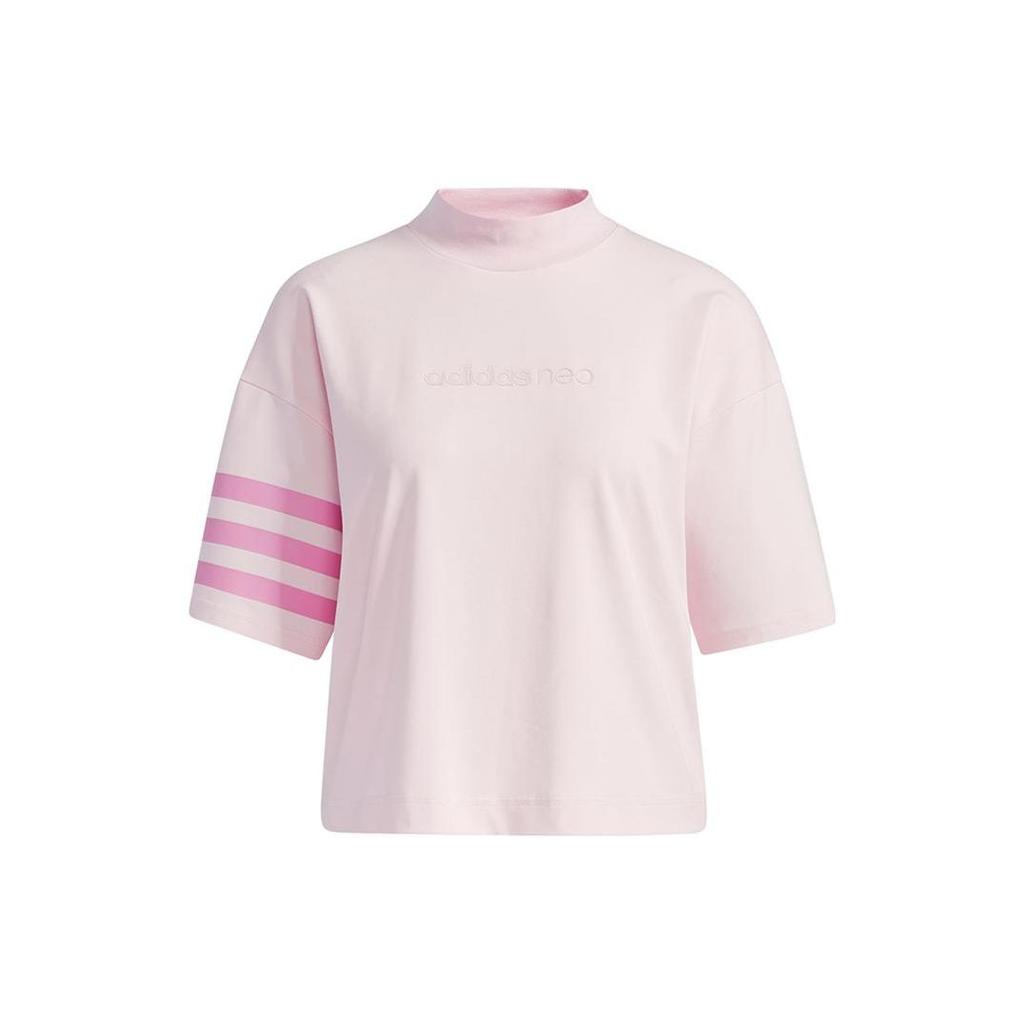 Adidas Neo Trefoil Short Sleeve Mock Neck Tee Women Tops Pink GP5470