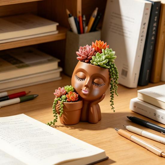Creative Eyelash Doll Succulents Planter, Cute Sleeping Face Ceramic Pot with Double Holes, Kawaii Desktop Decor for Office Desk, Indoor Small Plant