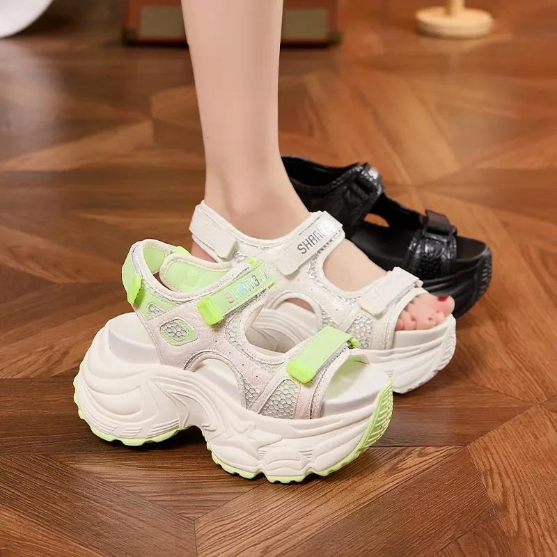 Fashion 9CM Summer Synthetic Microfiber Leather Hollow Vulcanize Peep Toe Hook Platform Wedge Women Sandals Flats Chunky Sneakers Shoes