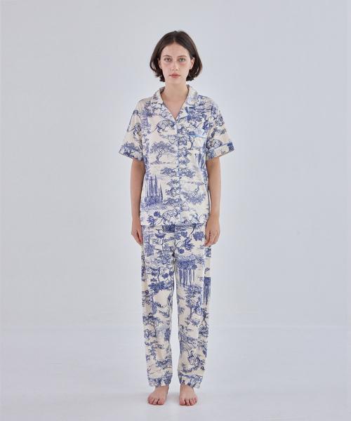 [2Dreamers] Blue Toile Three-Piece Pajama Set-up [Shipped from Korea] 100% Authentic
