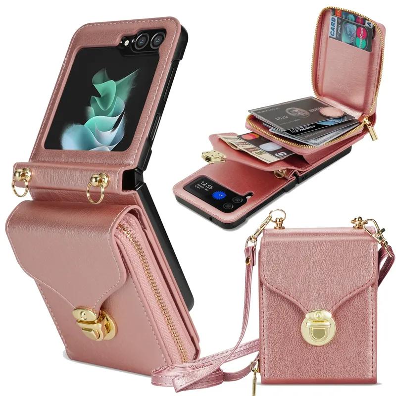 Long Lanyard Zipper Card Wallet Case For Samsung Galaxy Z Flip 7 6 5 4 3 5G Flip6 Flip7 Crossbody Leather Holder Purse Bag Cover