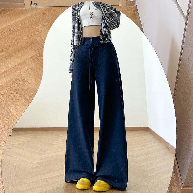 

Женские брюки с высокой посадкой из выстиранного хлопка с широкими штанинами - Коллекция Осень 2025 - Свободные, Приталенные, Прямые, Длинные, Повседневный крой S темно-синий