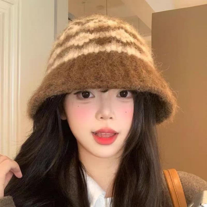 Women Fair Isle Knit Fisherman Hat Large Head Size Warm Bucket Hat