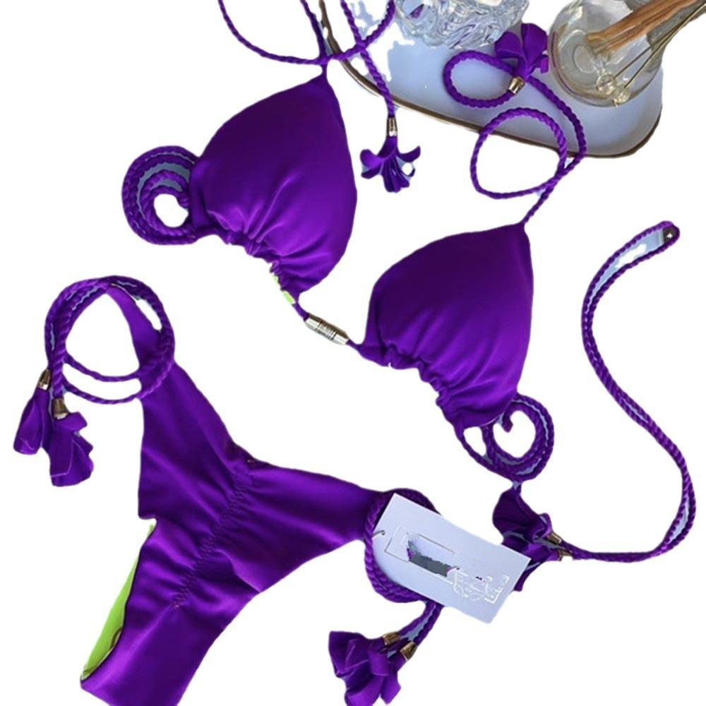 Costum de baie european și american geantă triunghiulară sexy pentru femeie Split Culoare uni Bikini sexy cu frânghie împletită multicoloră
