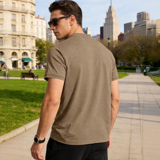 Men Quarter Button T-Shirt Solid Color Short Sleeve Band Collar Summer Tee Loose Fit Tee Shirt with Chest Pocket for Street Holiday Beach