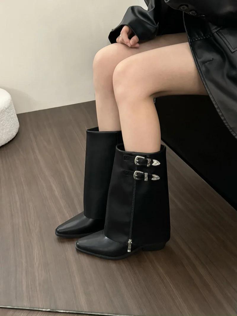 

2024 Самые продаваемые высококачественные новые модные заостренные брюки средней длины для женщин с ботинками на толстом каблуке и туфлями на платформе 40 чёрный