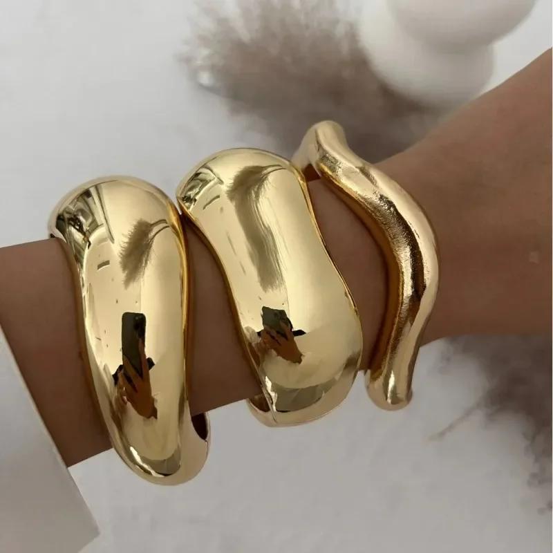 Exaggerated Wide Cuff Bangles Punk Gold Silver Color Geometric Metal Large Bangles for Women Bracelets Men Luxury Jewelry Gift