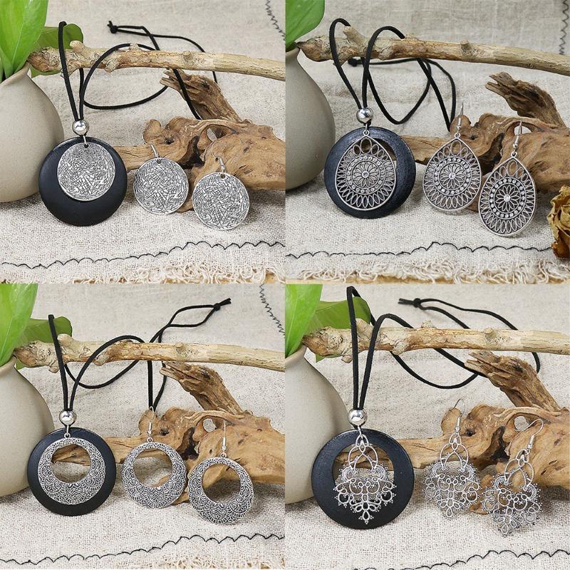 Ethnic Earrings/necklace Set Indian Zircon Bohemian Vintage Geometry Zinc Alloy Color Alloy Necklace Jewellery Sets for Women