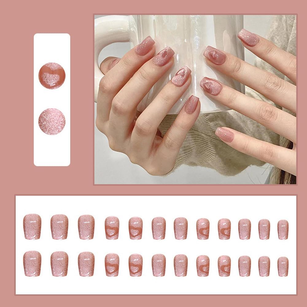S.A.V.I 24 Pcs Nude Pink Cat Eye Fake Nails, Short Square Shape with Heart Design, Natural-Look Press-On Nail Kit for Women & Girls, DIY Manicure S