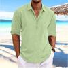 Men Linen Blend Half Button Long Sleeve Henley Shirt Roll Up Sleeve Casual Beach Top