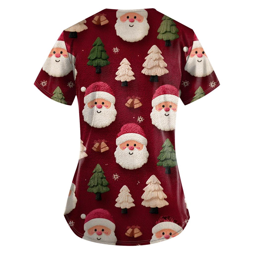 Women's Christmas Printing Short Sleeve V-neck Tops Working Pocket Blouse
