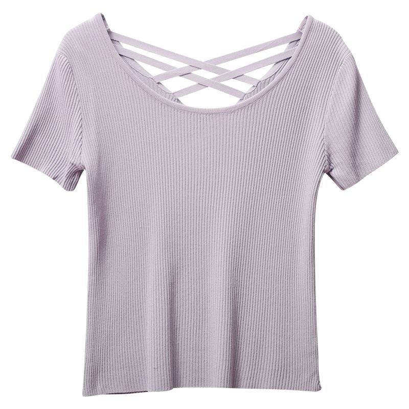Sırtı Açık Tişört Kadın İlkbahar/Yaz Slim Fit Örme Kısa Kollu Tişört Buz İpek Tişört Örme Üst