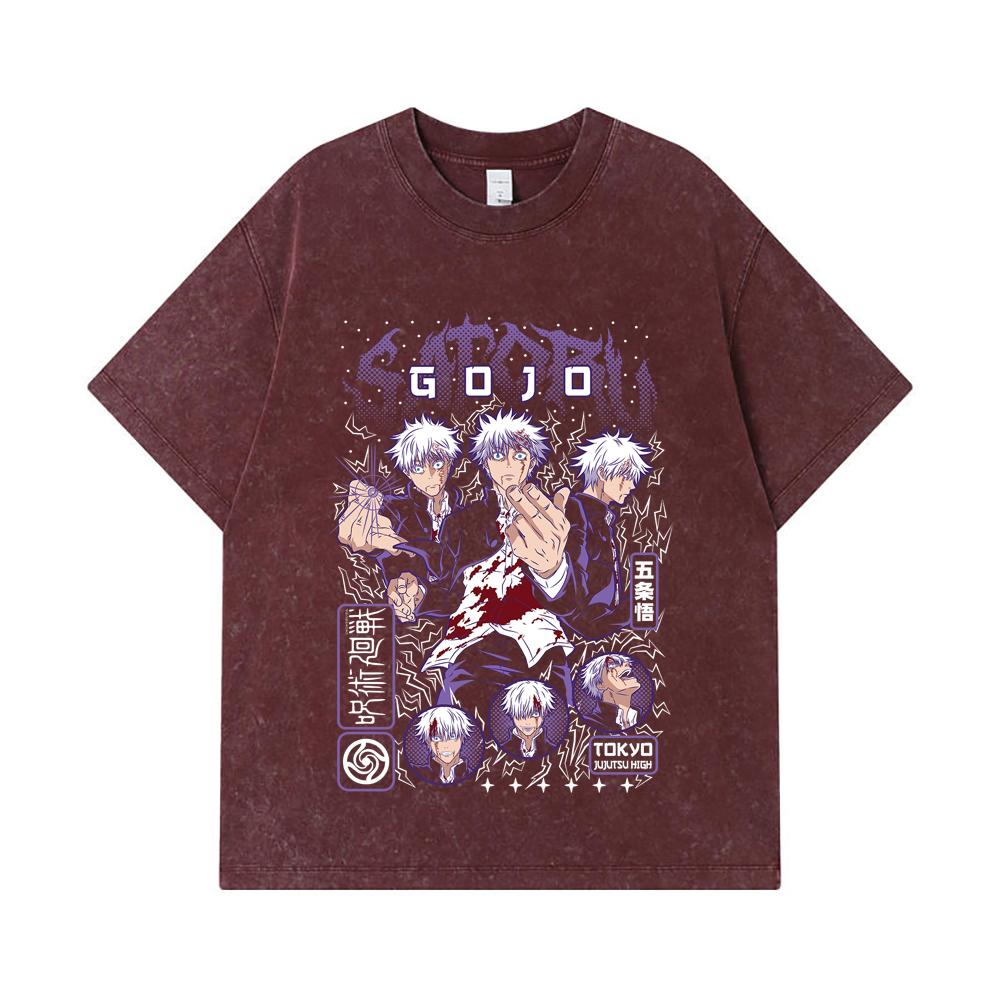 275 GSM Washed T-shirts 100% Cotton Jujutsu Kaisen V24 Gojo Print Unisex Heavy Cotton T Shirt