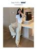 Women's Summer Ice Silk Wide-Leg High-Waist Pants with Pleated Texture, Sun Protection, and A-line Straight Leg Design.