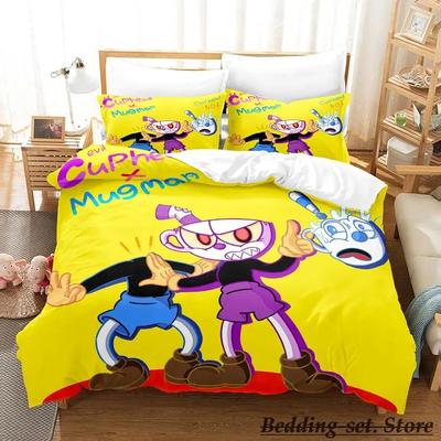 Kawaii Cuphead Mugman Bedding Set Single Twin Full Queen King Size Bed Set Adult Kid Bedroom Duvetcover Sets Anime Game Bed