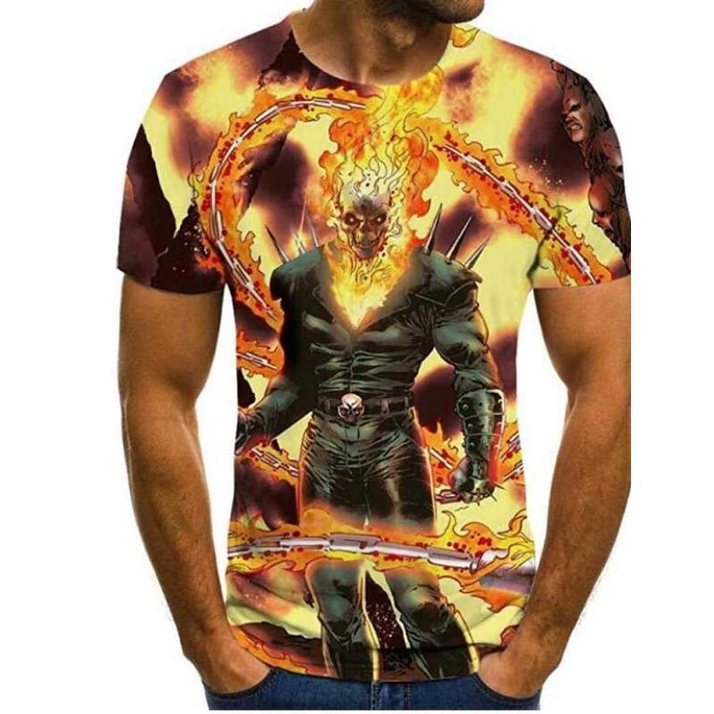 Summer Round Neck 3D Flame Skull Print Top Fashionable Casual Short Sleeved Men's T-shirts