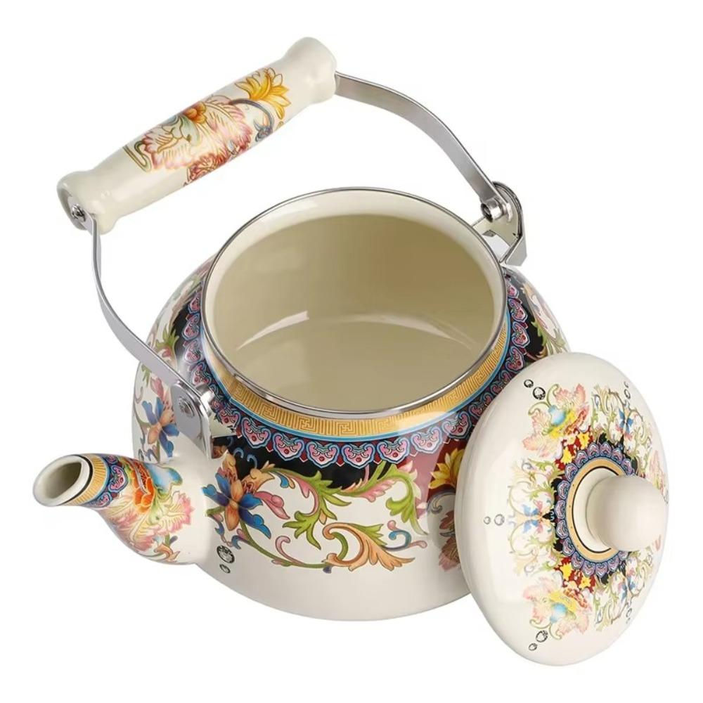 Thickened Chinese Style Enamel Teapot 2.5L Floral Enameled Tea Jug Pear-shaped Antiscald Handle Coffee Pot Gas Induction Cooker