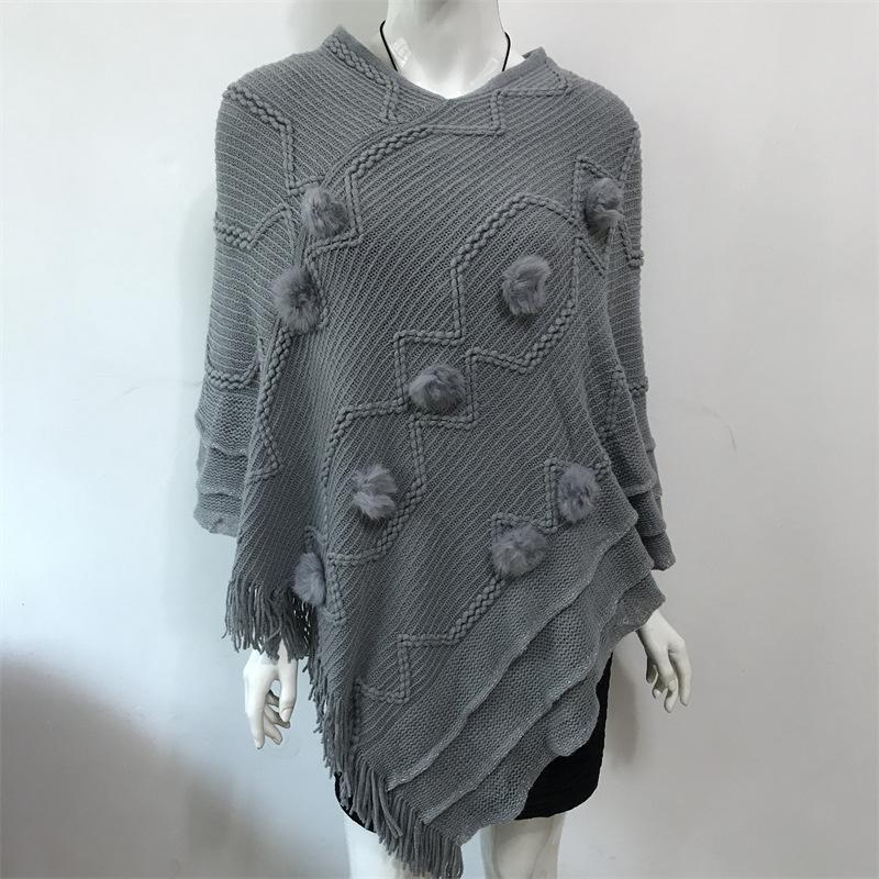 Causal Fashion Women Knitted Batwing Cape Tassels Poncho Cloak Ladies Fur Ball Sweater Outwear